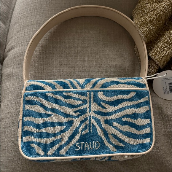 STAUD Zebra Pattern Blue and Cream Beaded Shoulder Bag - Picture 2 of 9